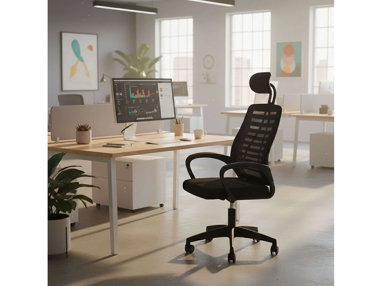 Silla de estudio Ofis giratoria con reposacabezas y apoyabrazos negro
