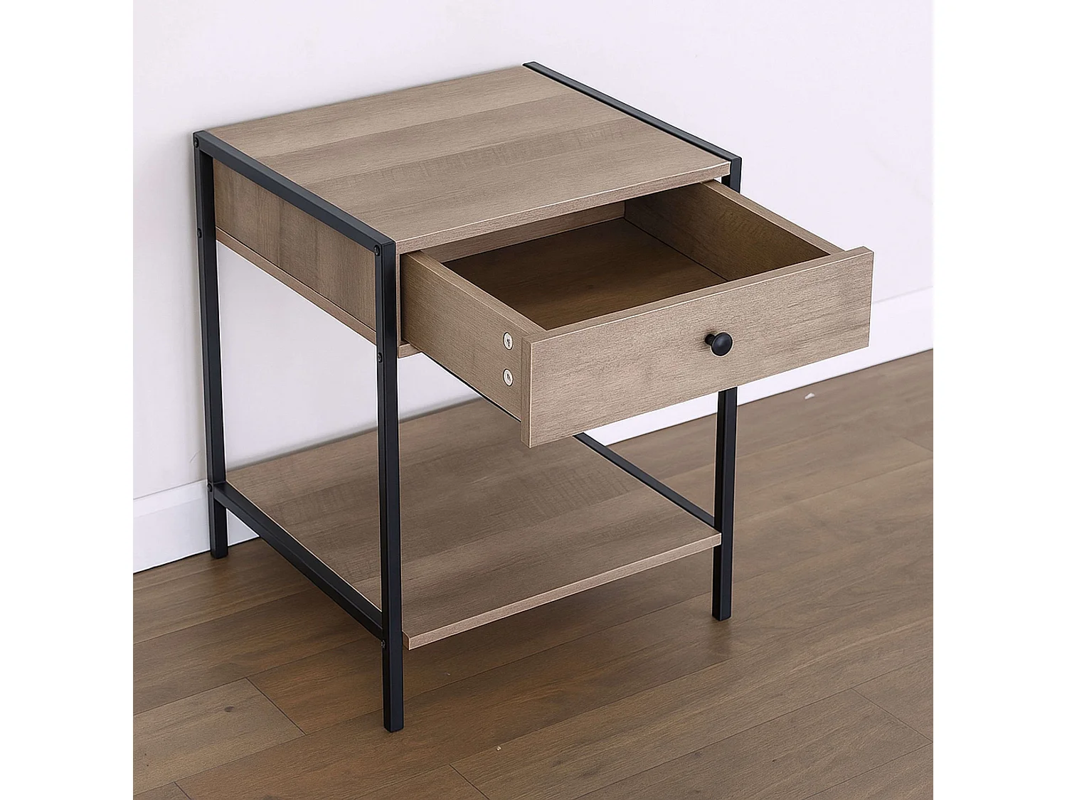 Mesita noche c/cajón y estante roble cambrian y negro 40x50 cm