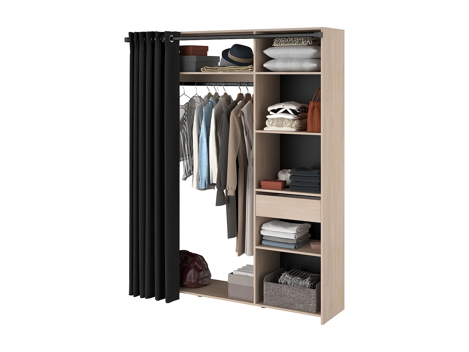 Vestidor Dark melamina 6 nichos barra colgar cortina 200x161x40 cm