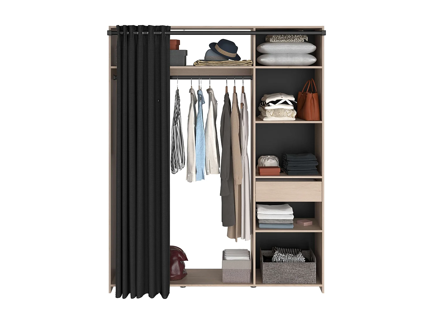 Vestidor Dark melamina 6 nichos barra colgar cortina 200x161x40 cm