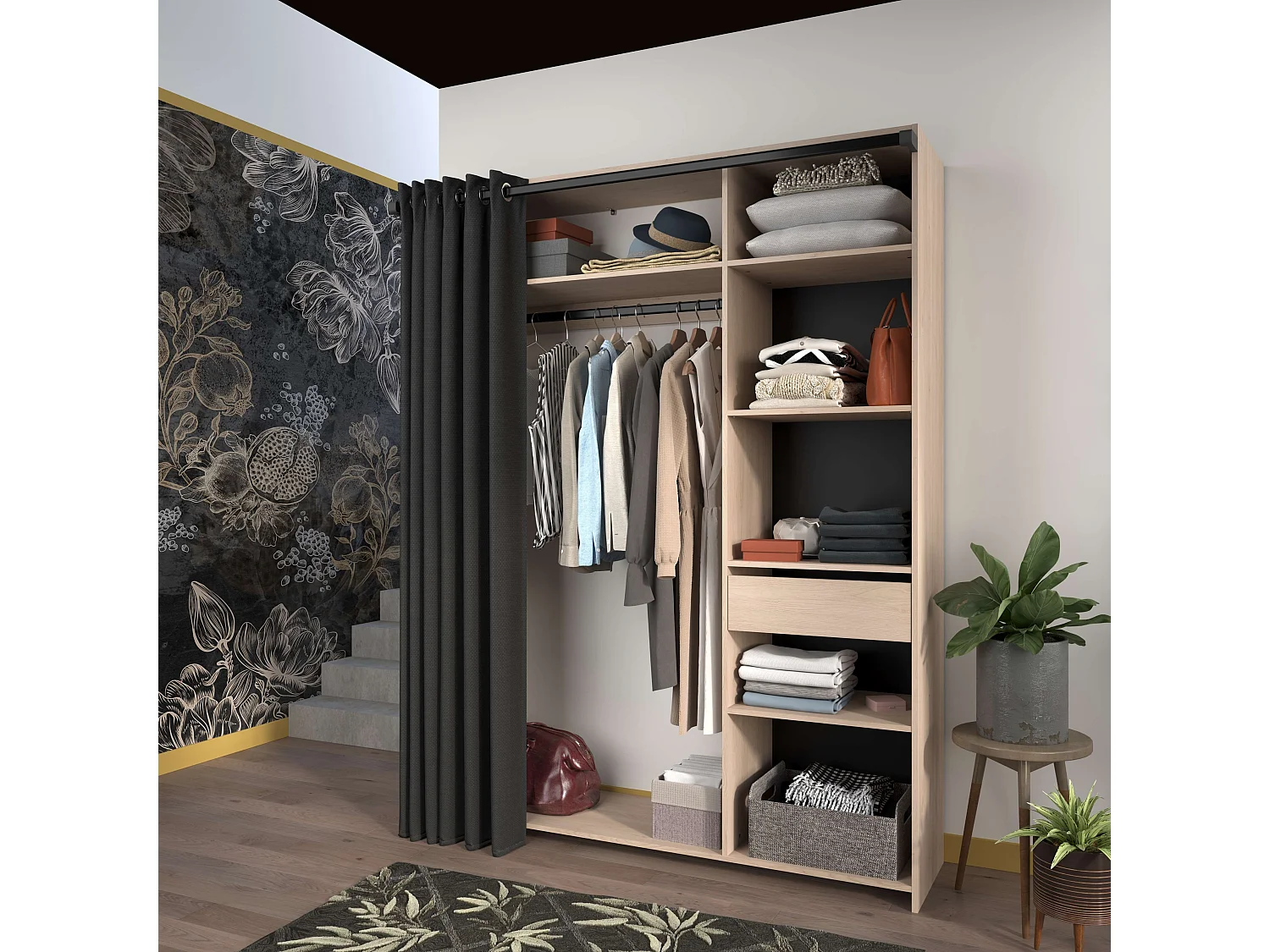 Vestidor Dark melamina 6 nichos barra colgar cortina 200x161x40 cm