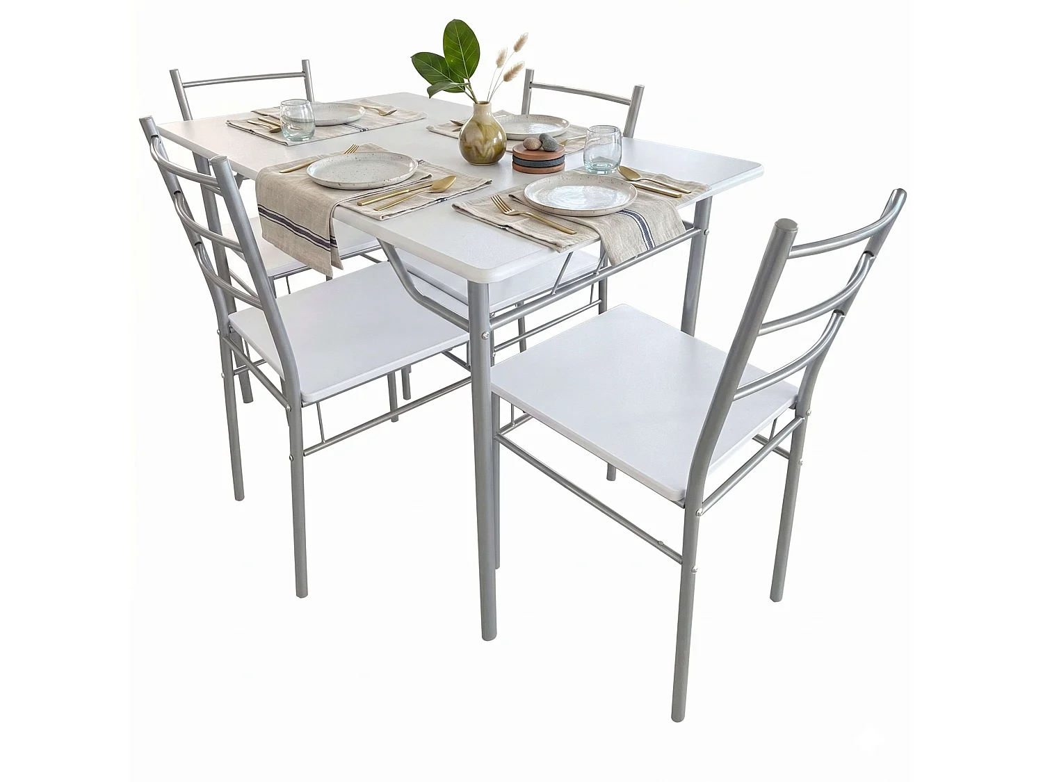 Conjunto de cozinha branco e cinza (mesa 110x76x70 cm e 4 cadeiras) em melamina.