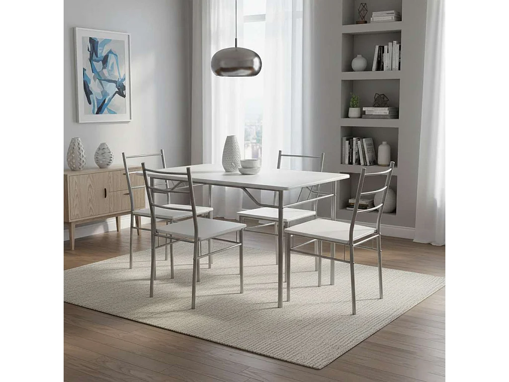 Conjunto de cozinha branco e cinza (mesa 110x76x70 cm e 4 cadeiras) em melamina.