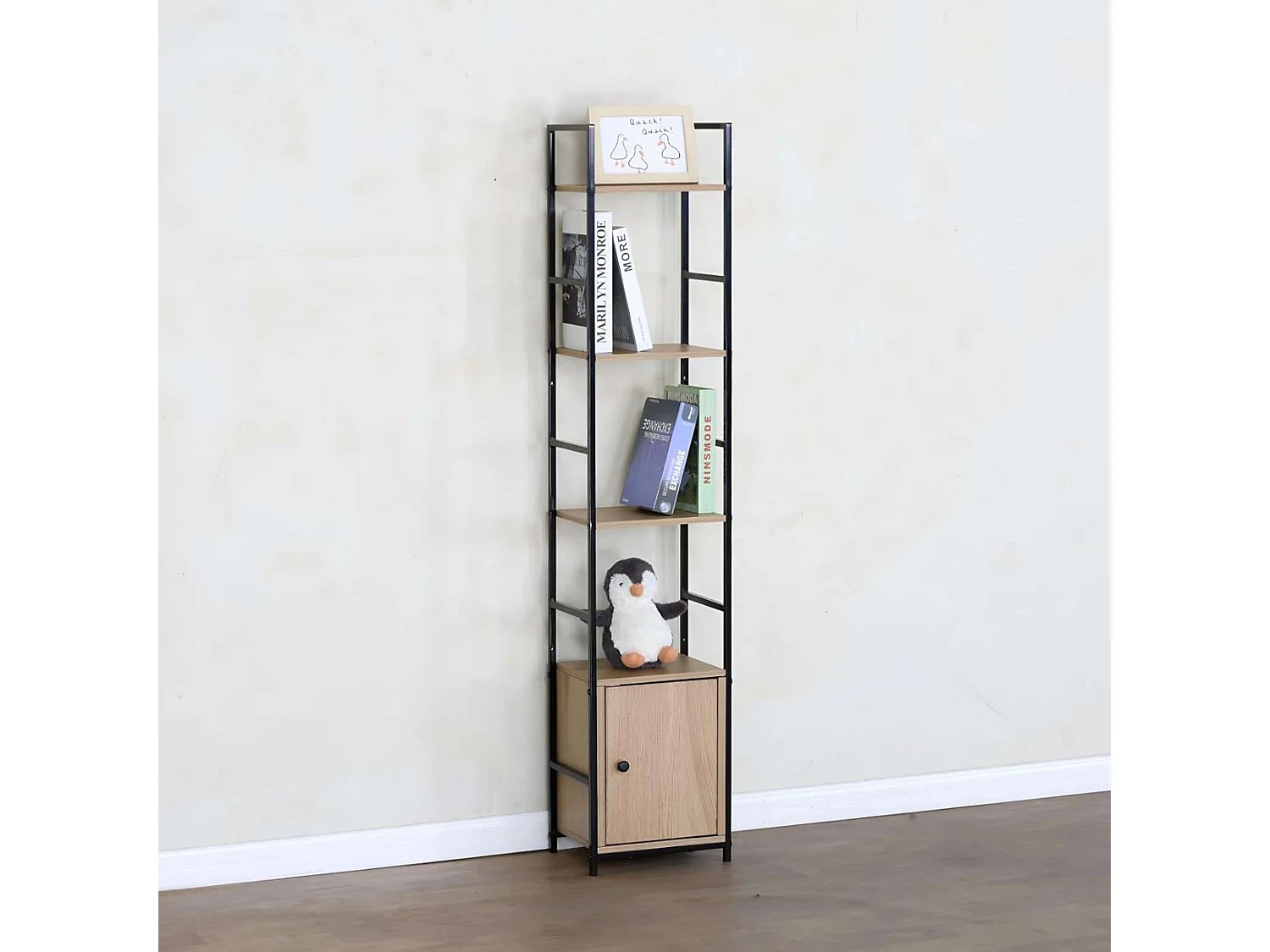 Estantería Librería Salón 4 Estantes y Puerta Roble Cambrian Negro 144x29x24 cm