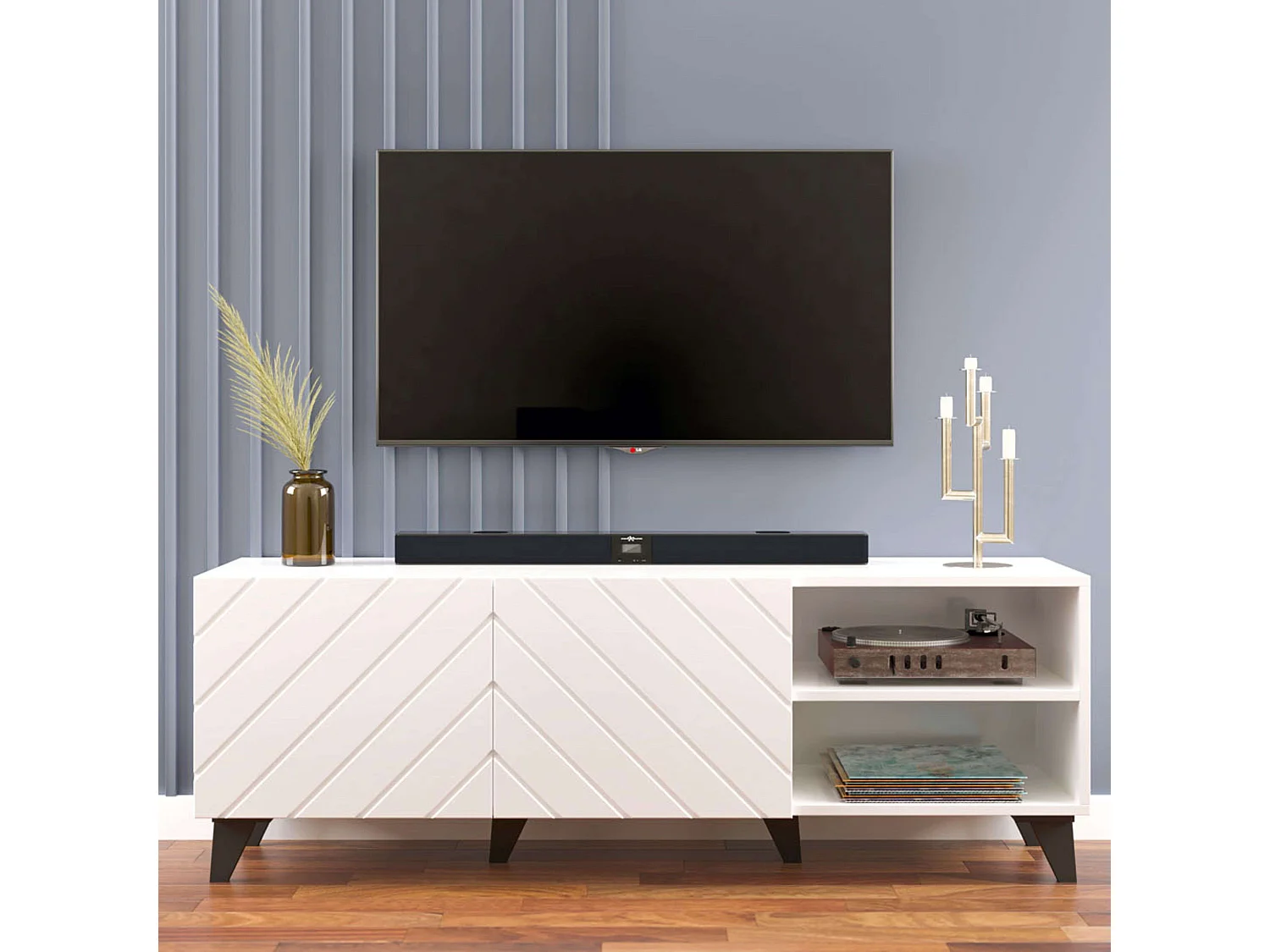 Mueble tv Josi salón melamina 2 puertas abatibles blanco brillo y negro
