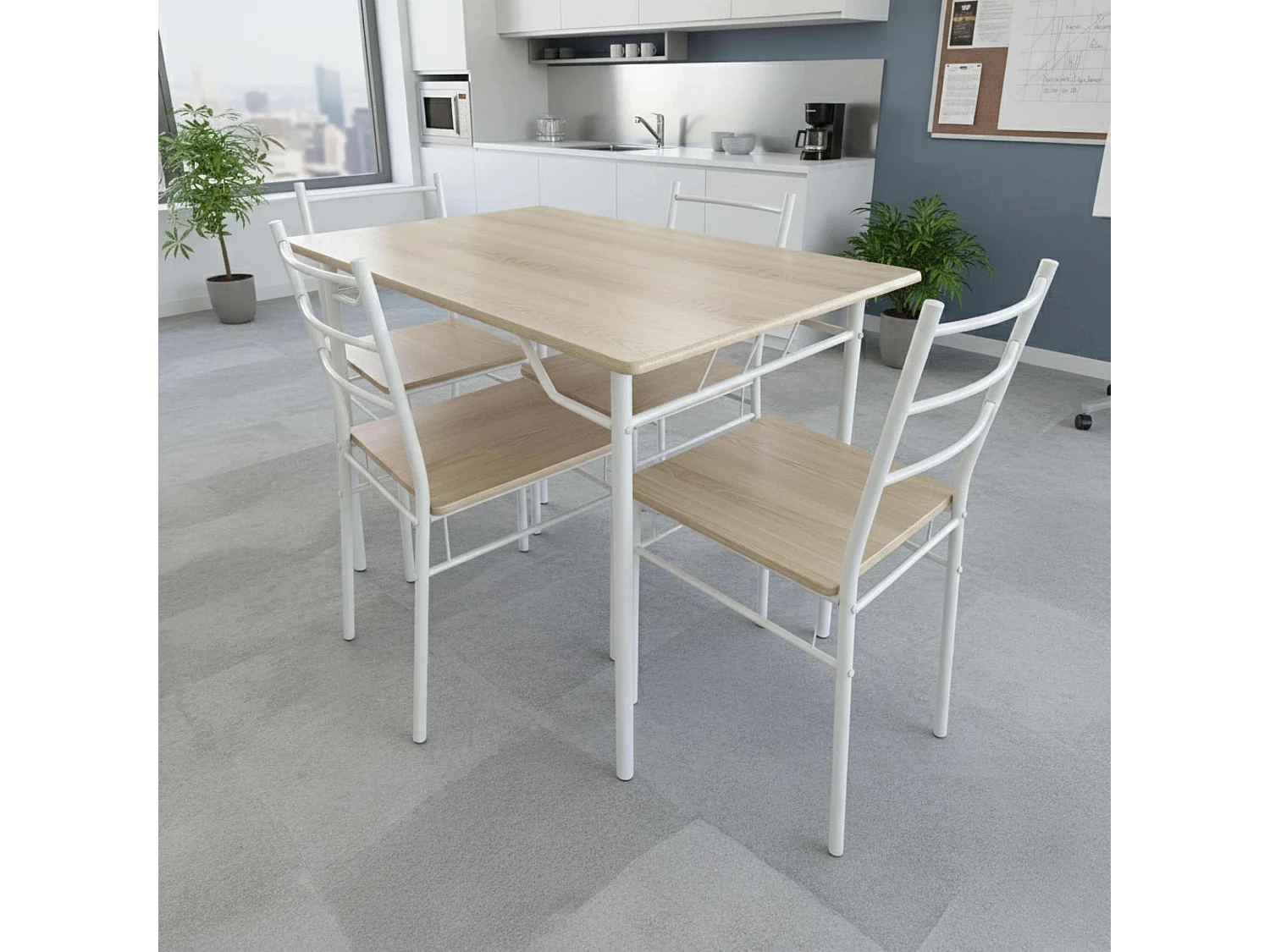 Conjunto cocina en melamina blanco y roble sonoma (mesa 110x76x70 cm y 4 sillas)