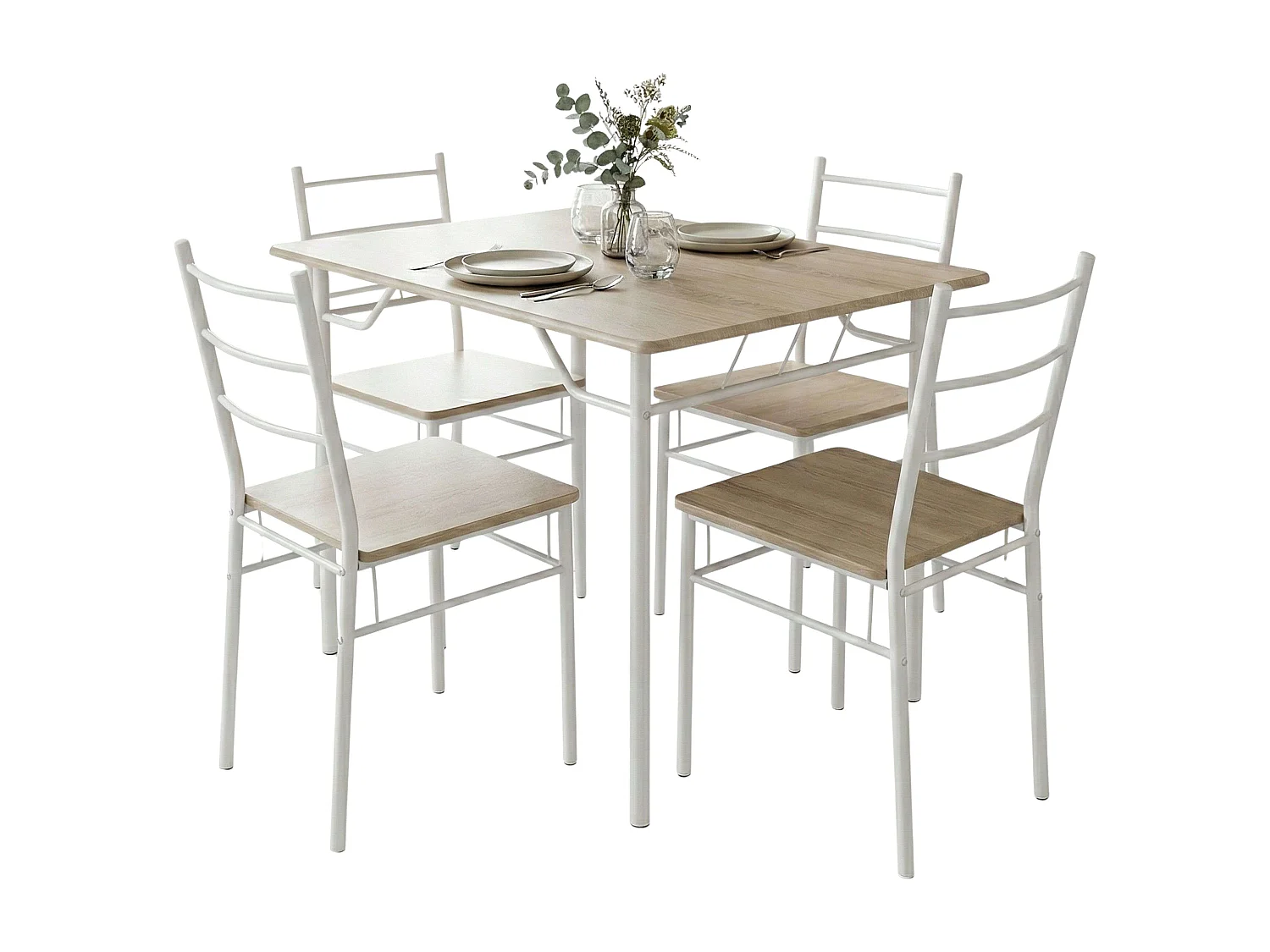 Conjunto de cozinha em melamina branca e carvalho Sonoma (mesa 110x76x70 cm e 4 cadeiras)