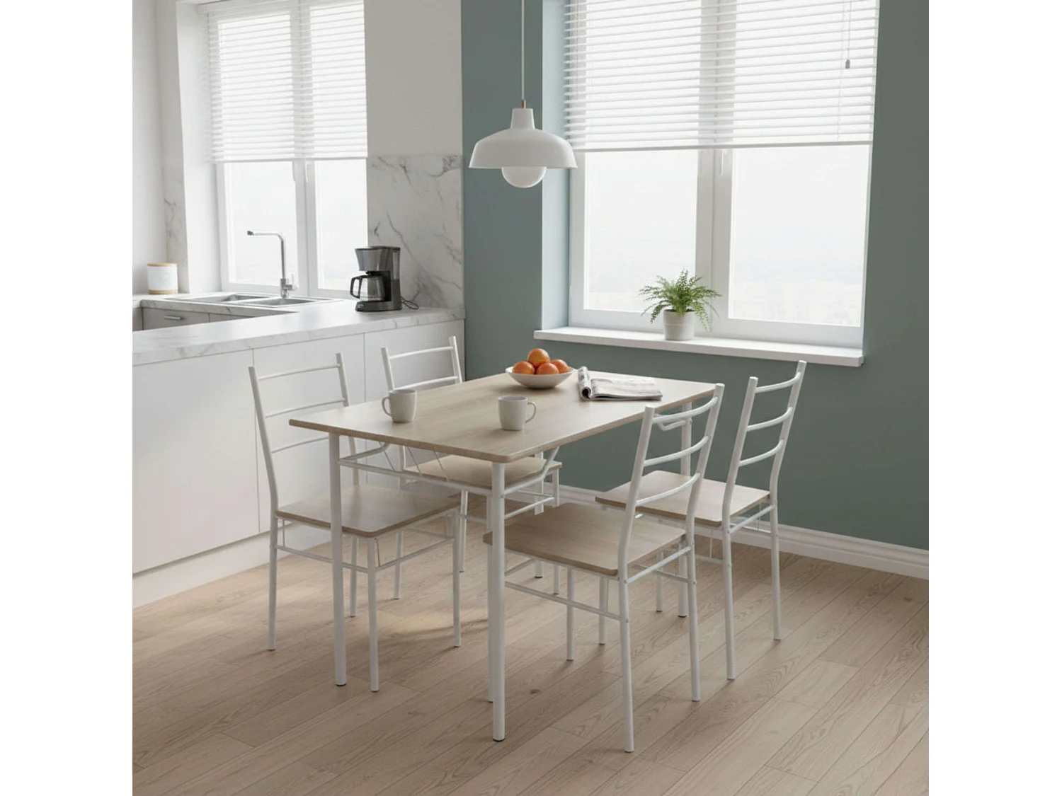 Conjunto de cozinha em melamina branca e carvalho Sonoma (mesa 110x76x70 cm e 4 cadeiras)