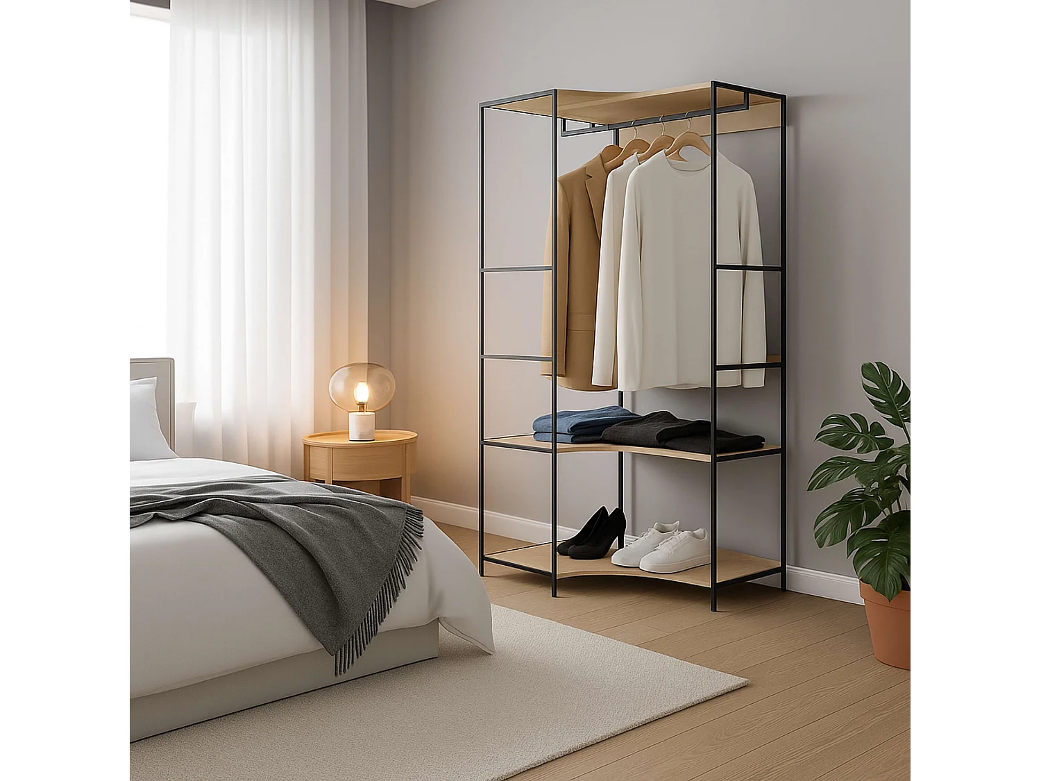 Vestidor esquinero 2 estantes 1 barra roble cambrian/negro 80x175 cm