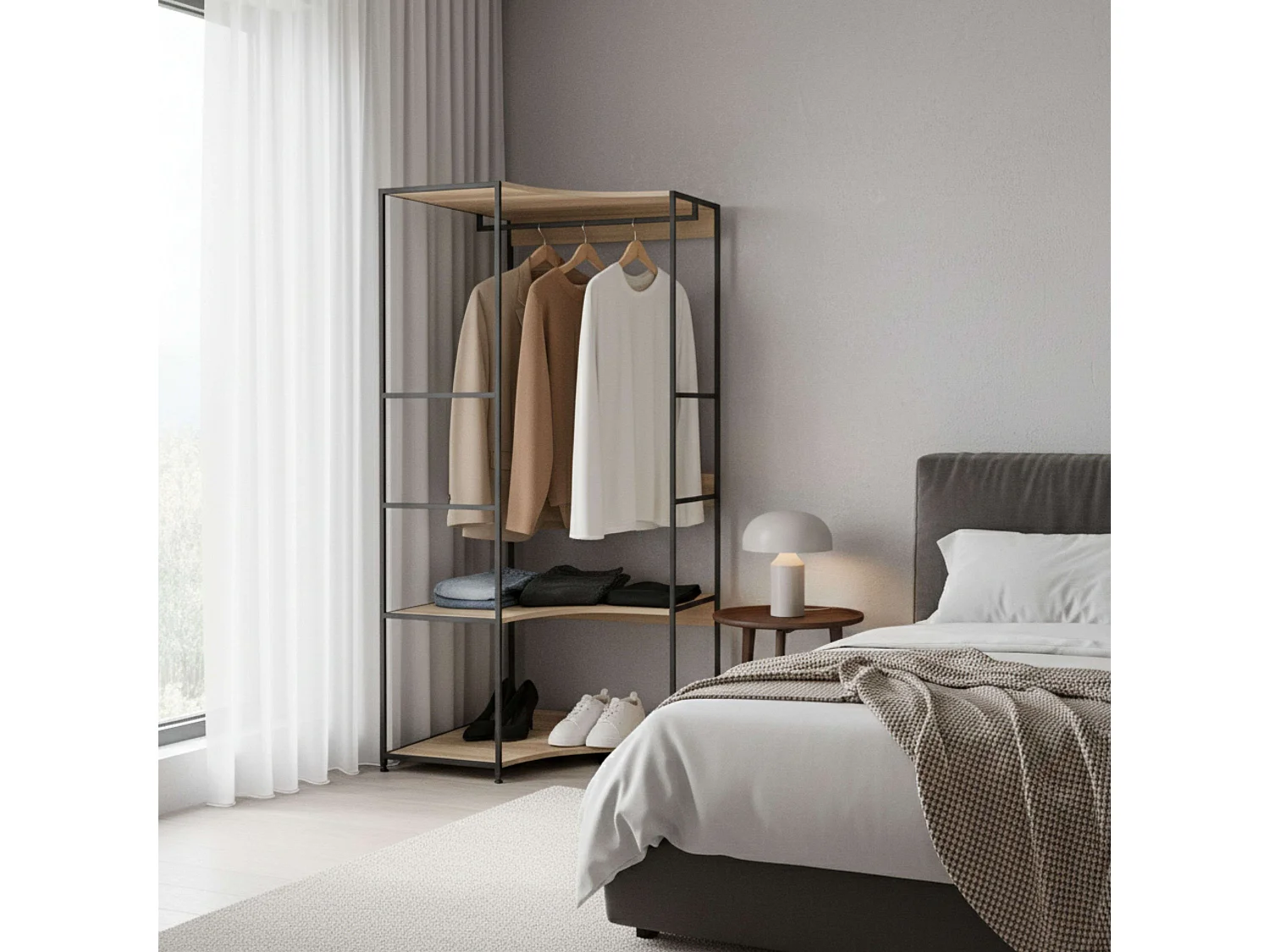 Vestidor esquinero 2 estantes 1 barra roble cambrian/negro 80x175 cm