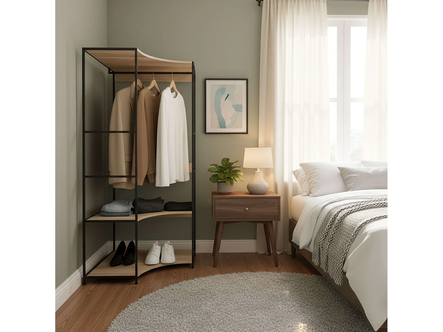 Vestidor esquinero 2 estantes 1 barra roble cambrian/negro 80x175 cm