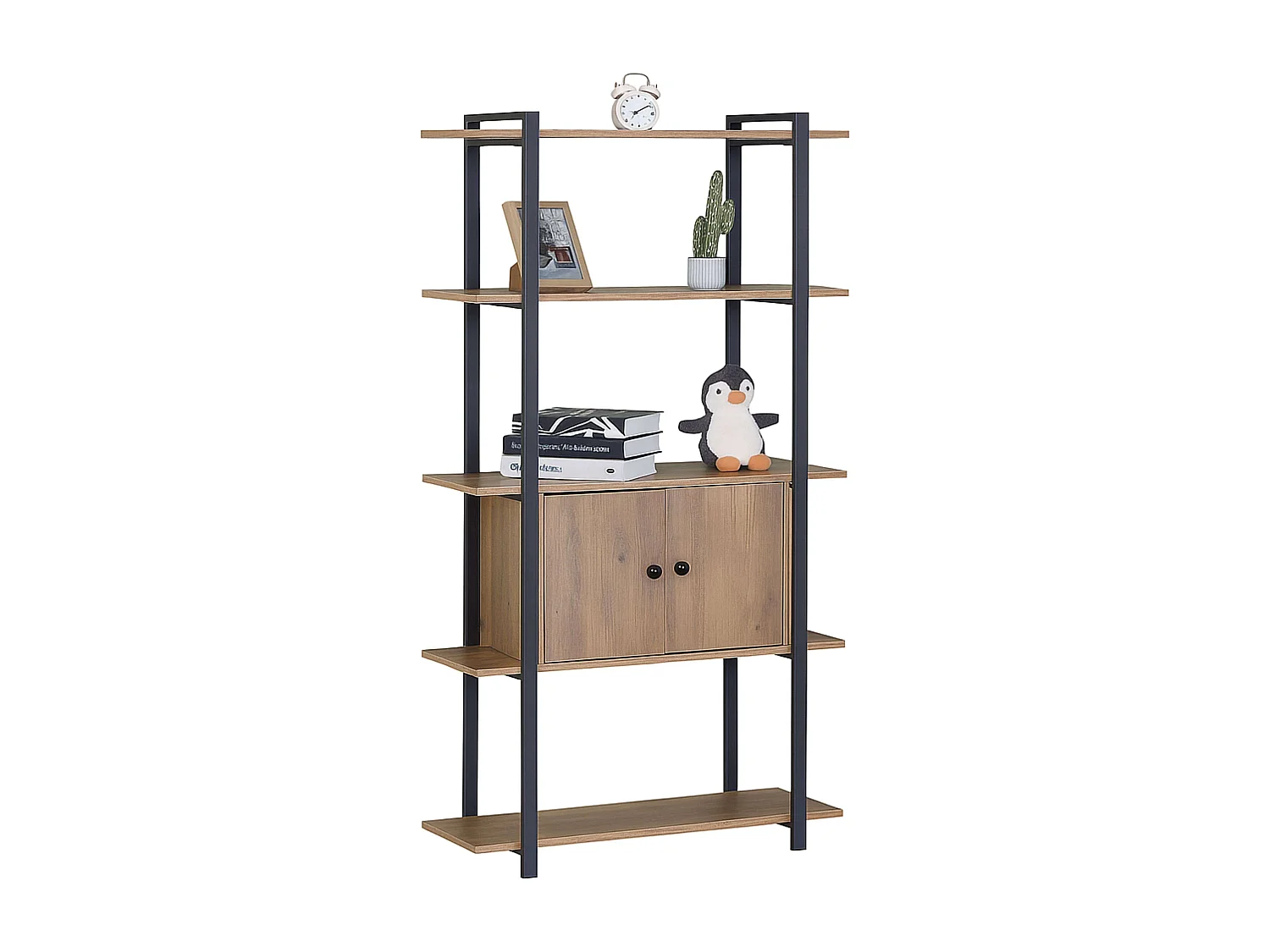 Librería salón 4 estantes 2 puertas roble y negro 80x150x34 cm.