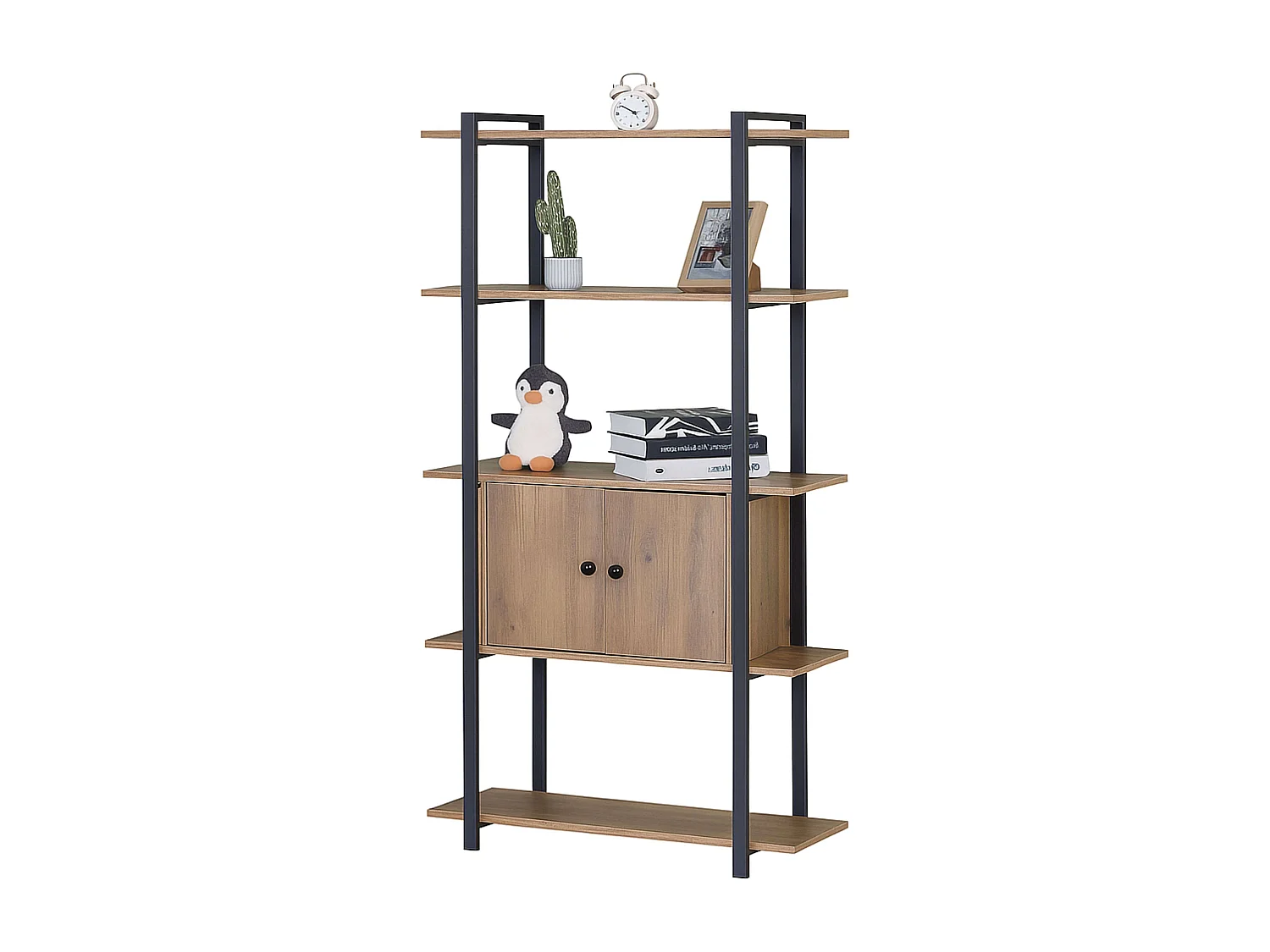 Librería salón 4 estantes 2 puertas roble y negro 80x150x34 cm.