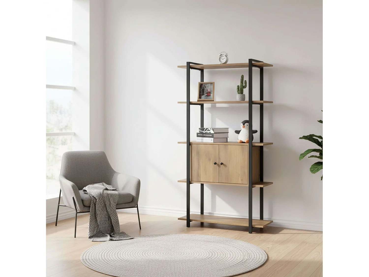 Librería salón 4 estantes 2 puertas roble y negro 80x150x34 cm.