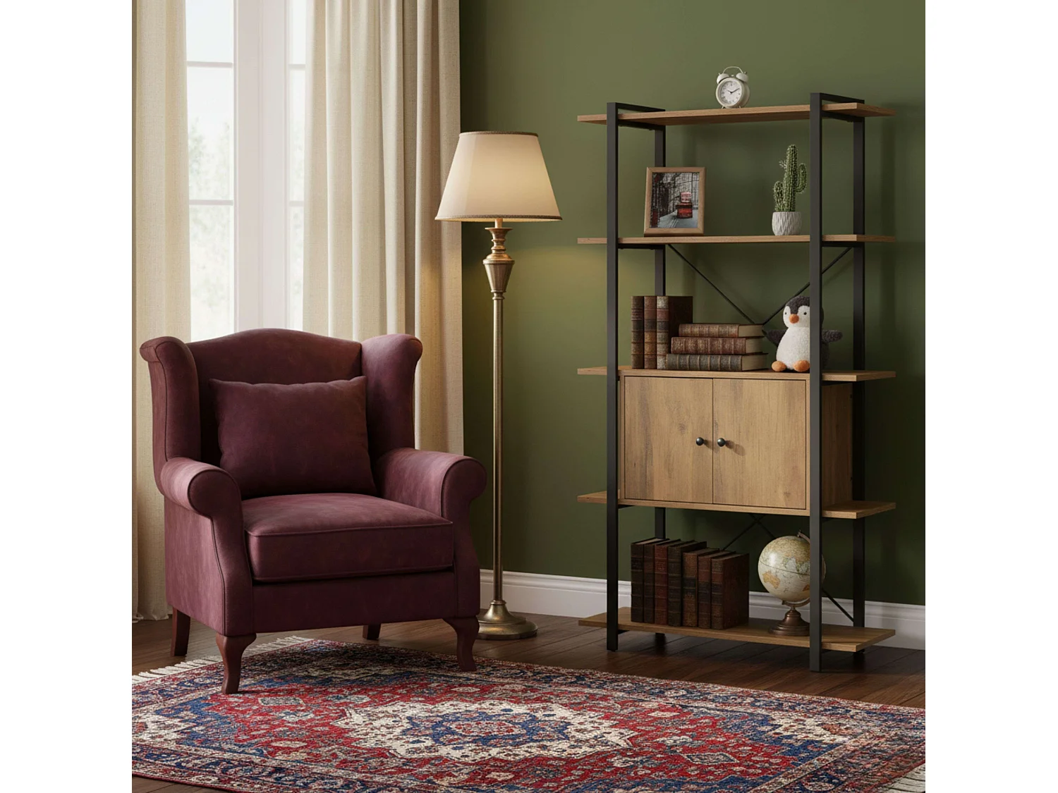 Librería salón 4 estantes 2 puertas roble y negro 80x150x34 cm.