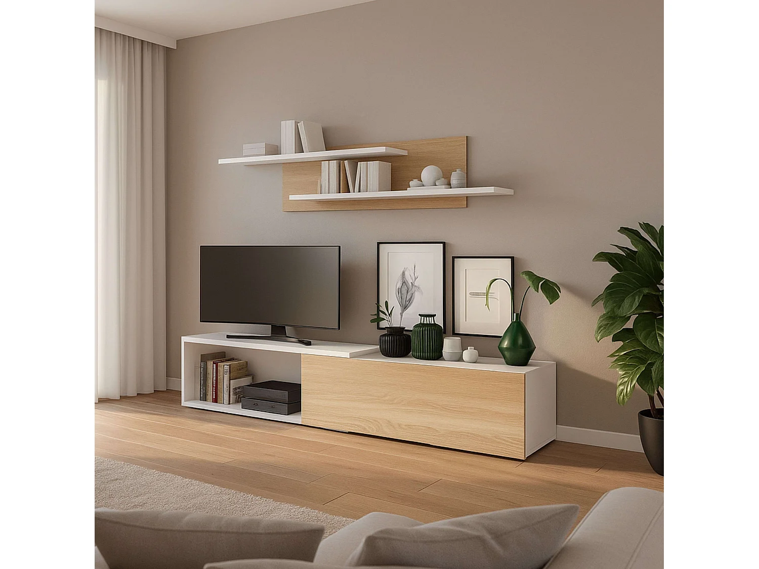Mueble salón Kipi tv extensible 2 estantes blanco madera claro 65x220x32 cm