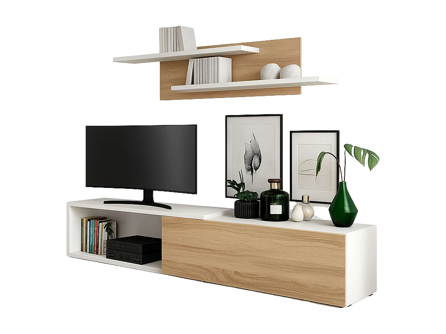 Mueble salón Kipi tv extensible 2 estantes blanco madera claro 65x220x32 cm