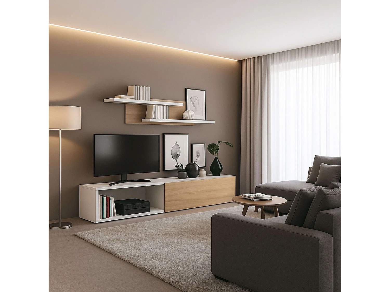 Mueble salón Kipi tv extensible 2 estantes blanco madera claro 65x220x32 cm