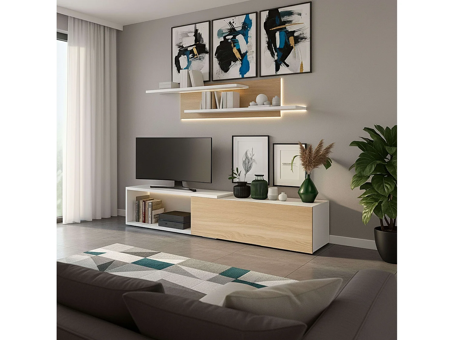 Mueble salón Kipi tv extensible 2 estantes blanco madera claro 65x220x32 cm