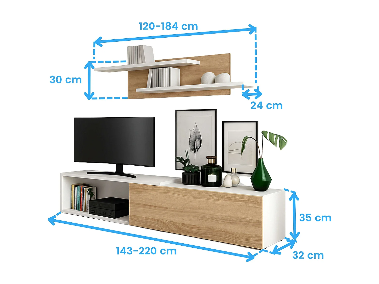 Mueble salón Kipi tv extensible 2 estantes blanco madera claro 65x220x32 cm