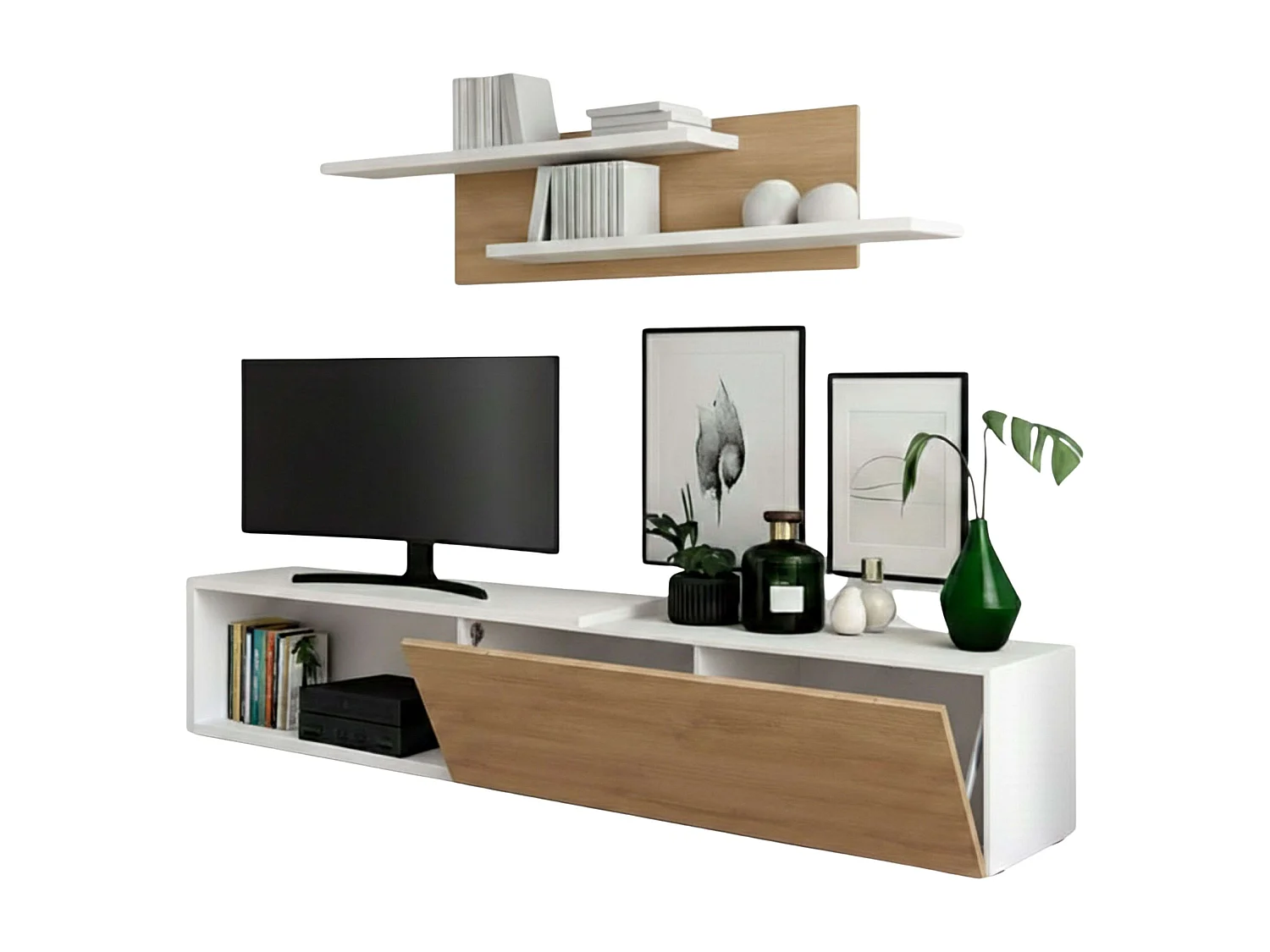 Mueble salón Kipi tv extensible 2 estantes blanco madera claro 65x220x32 cm