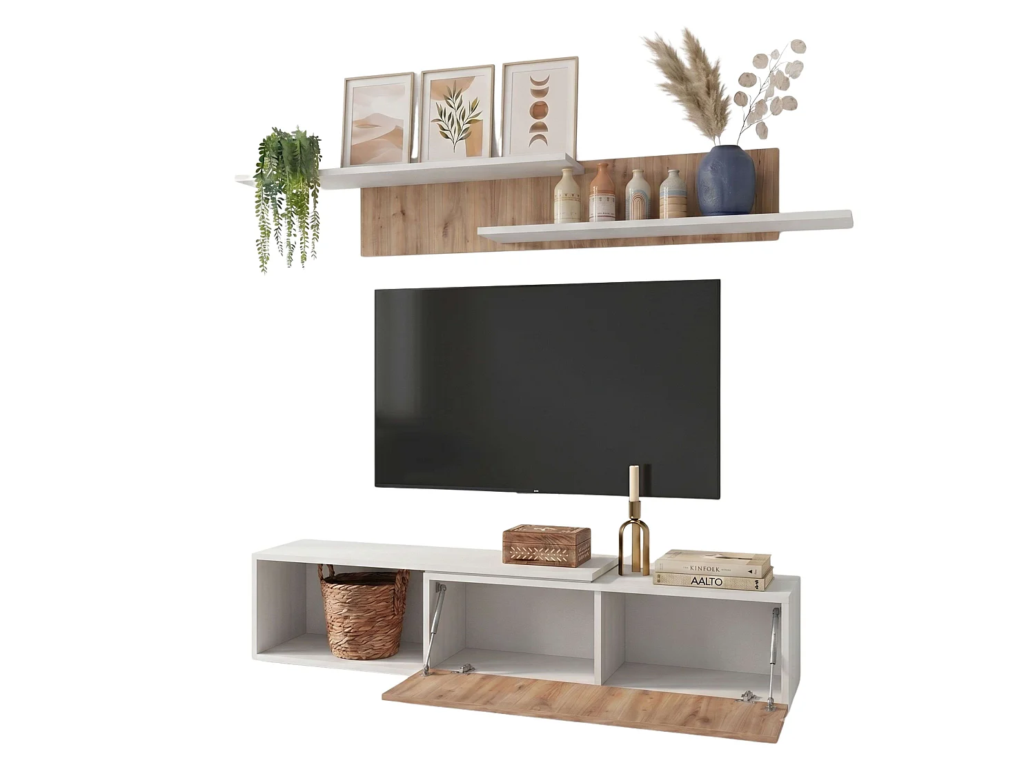 Mueble salón Kipi tv extensible 2 estantes blanco madera claro 65x220x32 cm