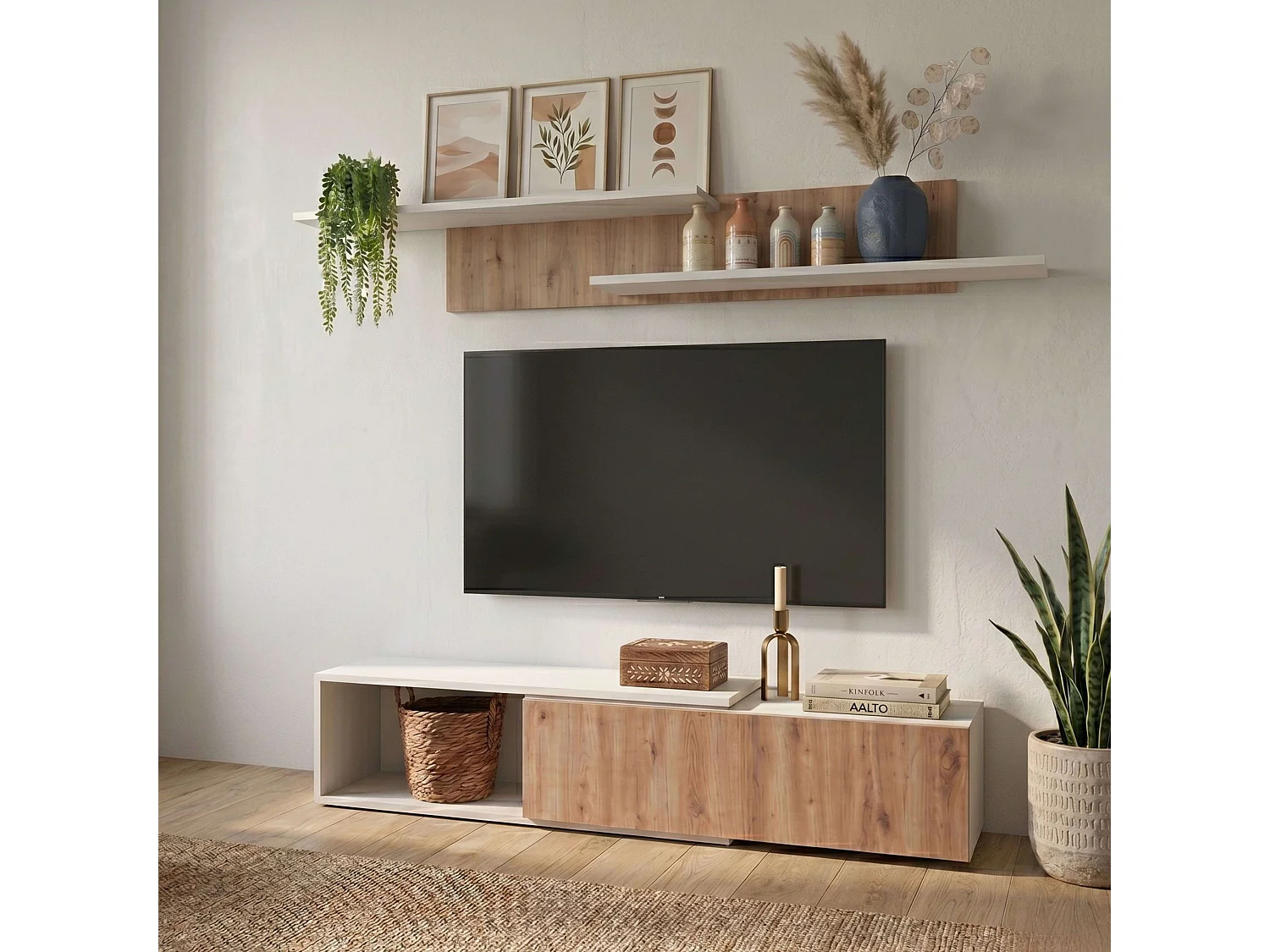Mueble salón Kipi tv extensible 2 estantes blanco madera claro 65x220x32 cm