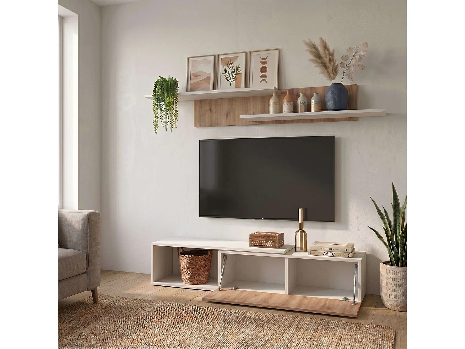 Mueble salón Kipi tv extensible 2 estantes blanco madera claro 65x220x32 cm
