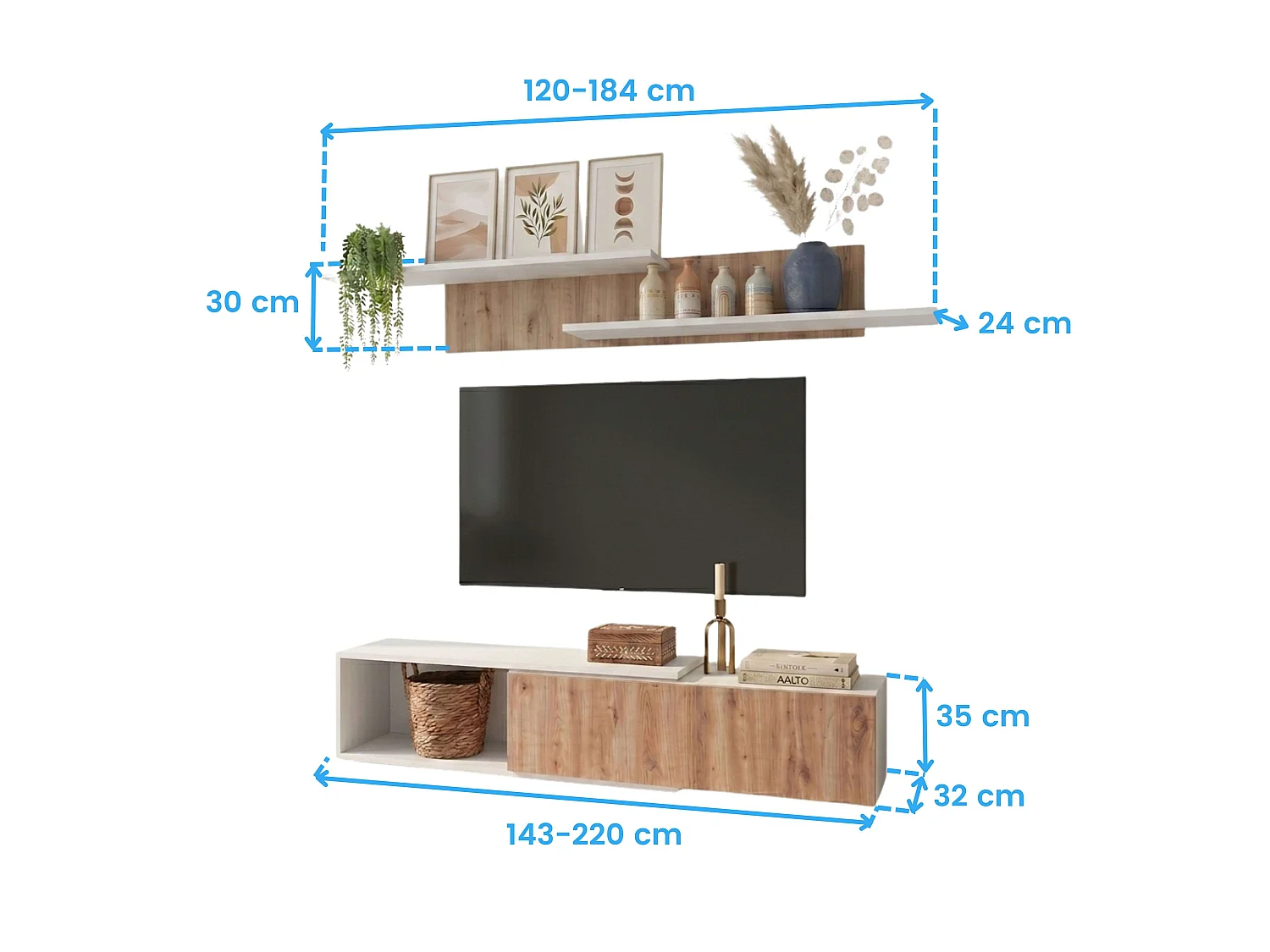 Mueble salón Kipi tv extensible 2 estantes blanco madera claro 65x220x32 cm