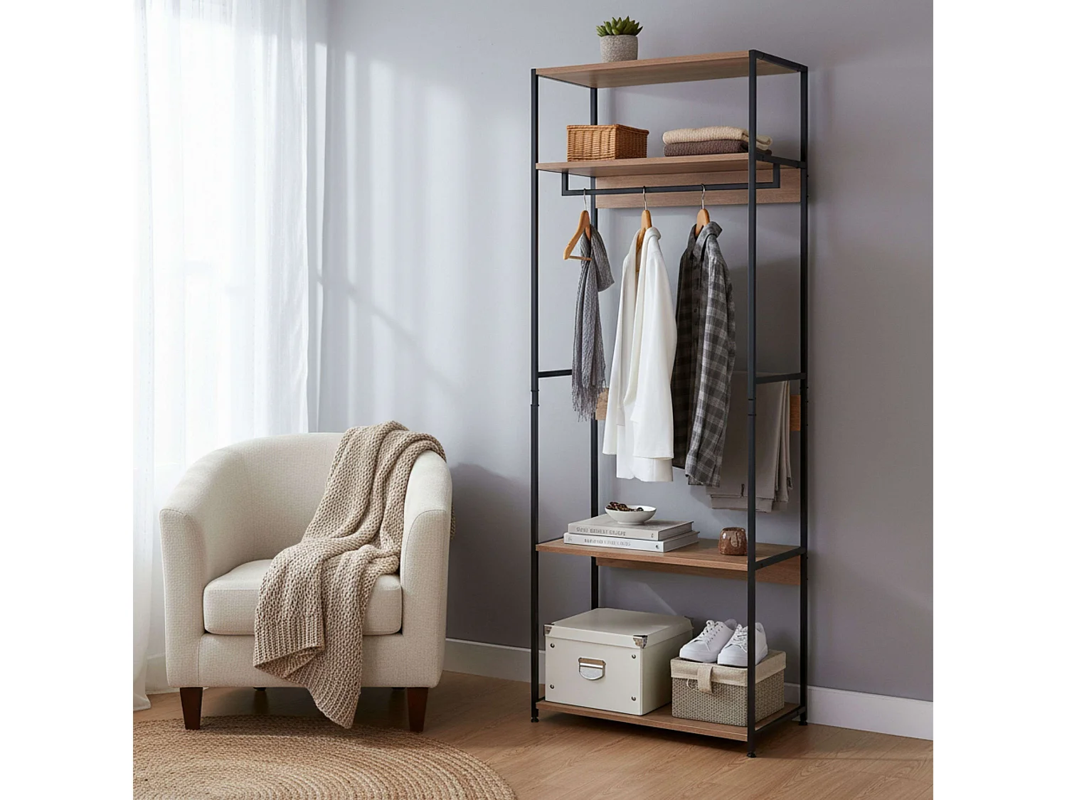 Vestidor abierto 3 estantes y barra roble cambrian negro 60x175x40 cm