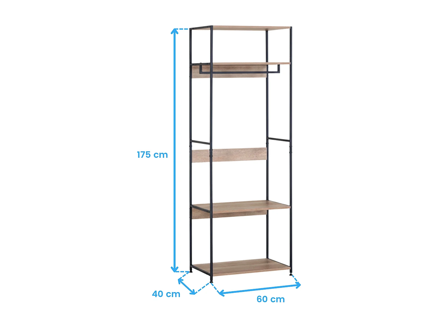 Vestidor abierto 3 estantes y barra roble cambrian negro 60x175x40 cm