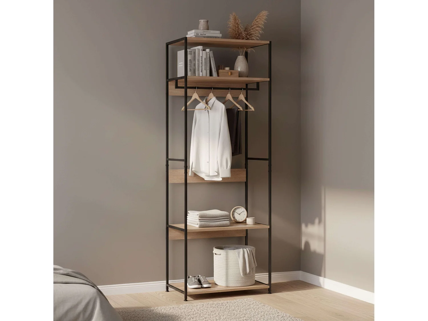 Vestidor abierto 3 estantes y barra roble cambrian negro 60x175x40 cm