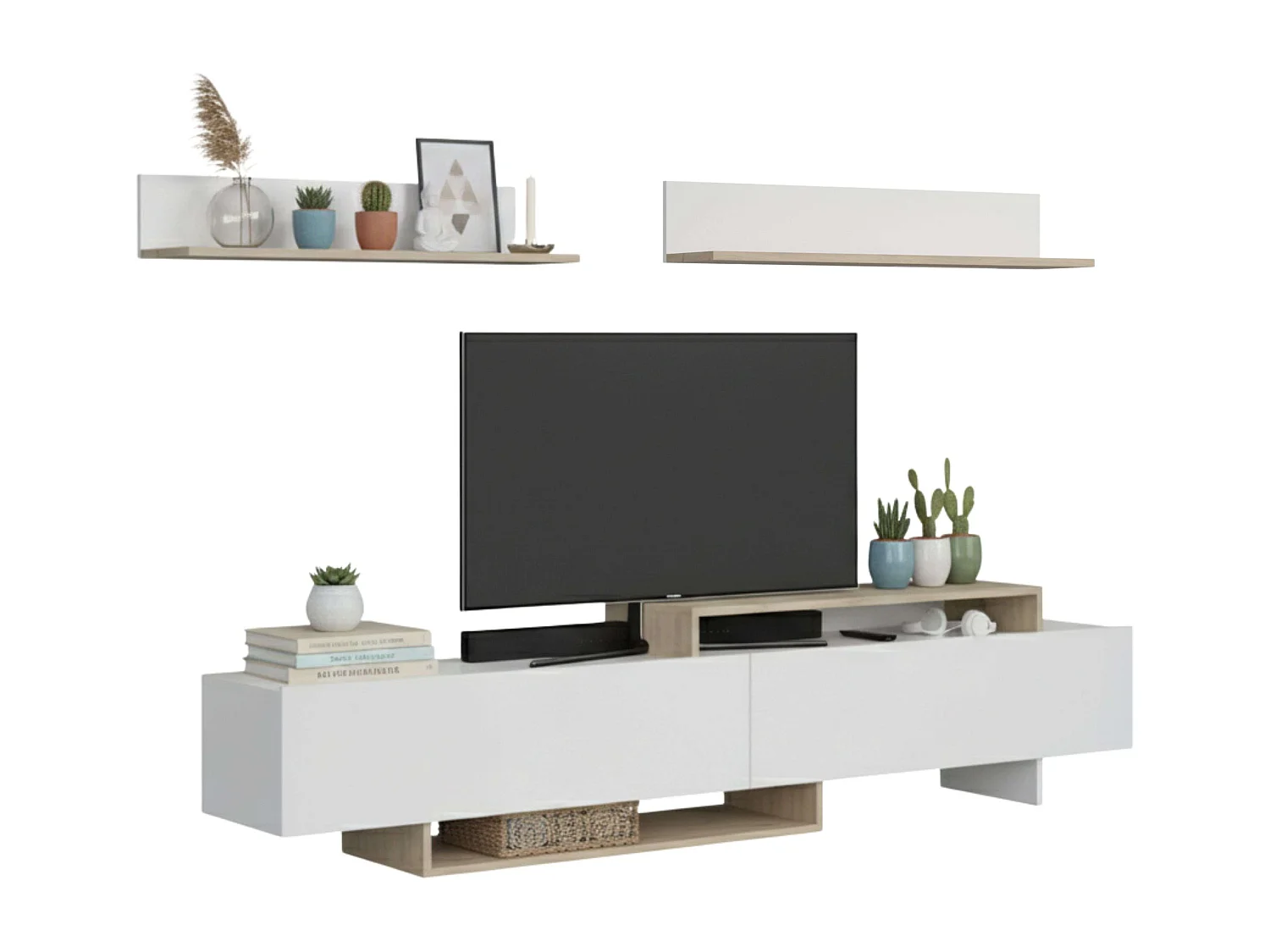 Mueble tv Orlis 2 puertas 2 estantes blanco mate roble artisan 200x46x33 cm