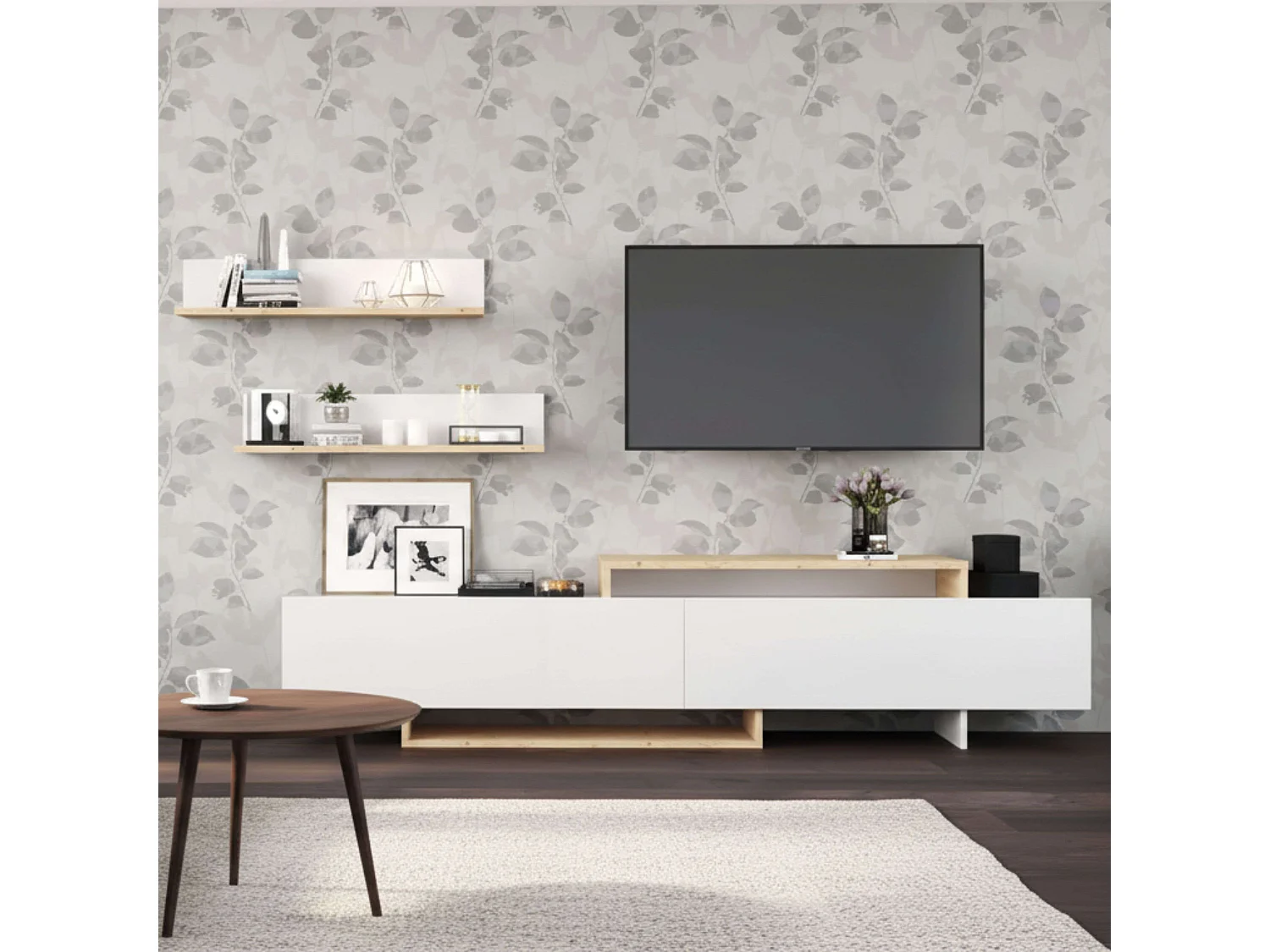 Mueble tv Orlis 2 puertas 2 estantes blanco mate roble artisan 200x46x33 cm