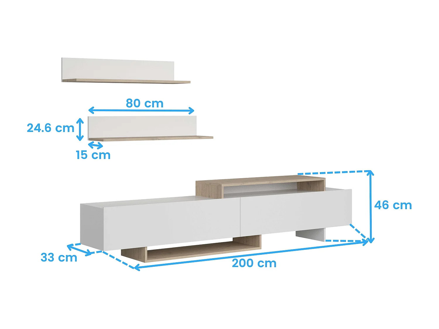 Mueble tv Orlis 2 puertas 2 estantes blanco mate roble artisan 200x46x33 cm