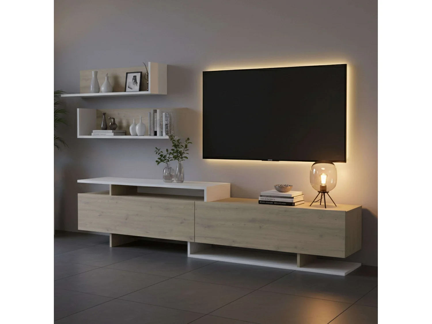 Mueble tv Orlis 2 puertas abatibles roble artisan blanco mate 46x200x33 cm