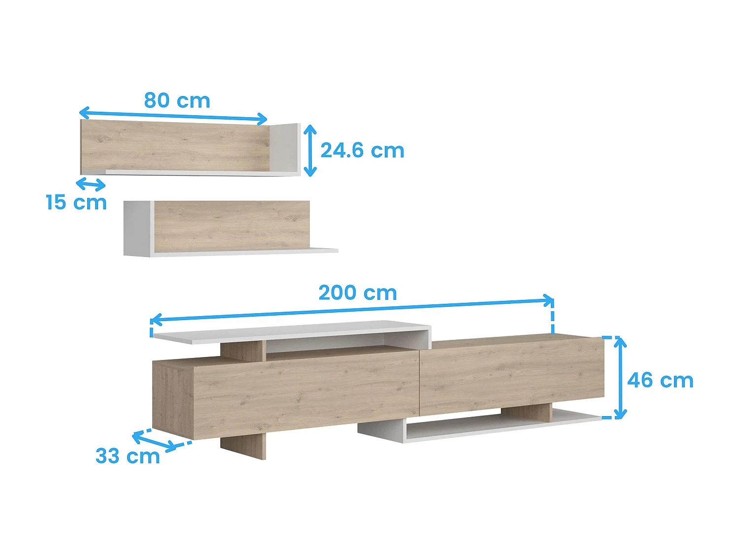 Mueble tv Orlis 2 puertas abatibles roble artisan blanco mate 46x200x33 cm
