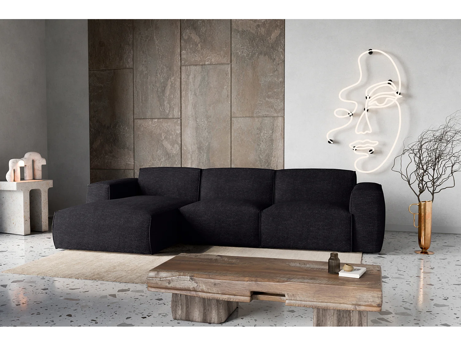 Canapé d'Angle gauche avec fonction de couchage Hudson coffre en noir du fabricant -VINOTTI