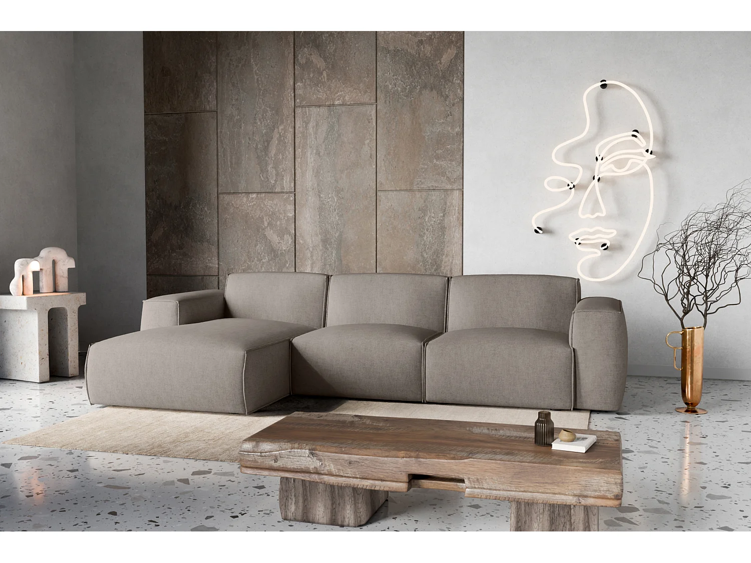 Canapé d'Angle gauche avec fonction de couchage Hudson coffre en beige du fabricant -VINOTTI