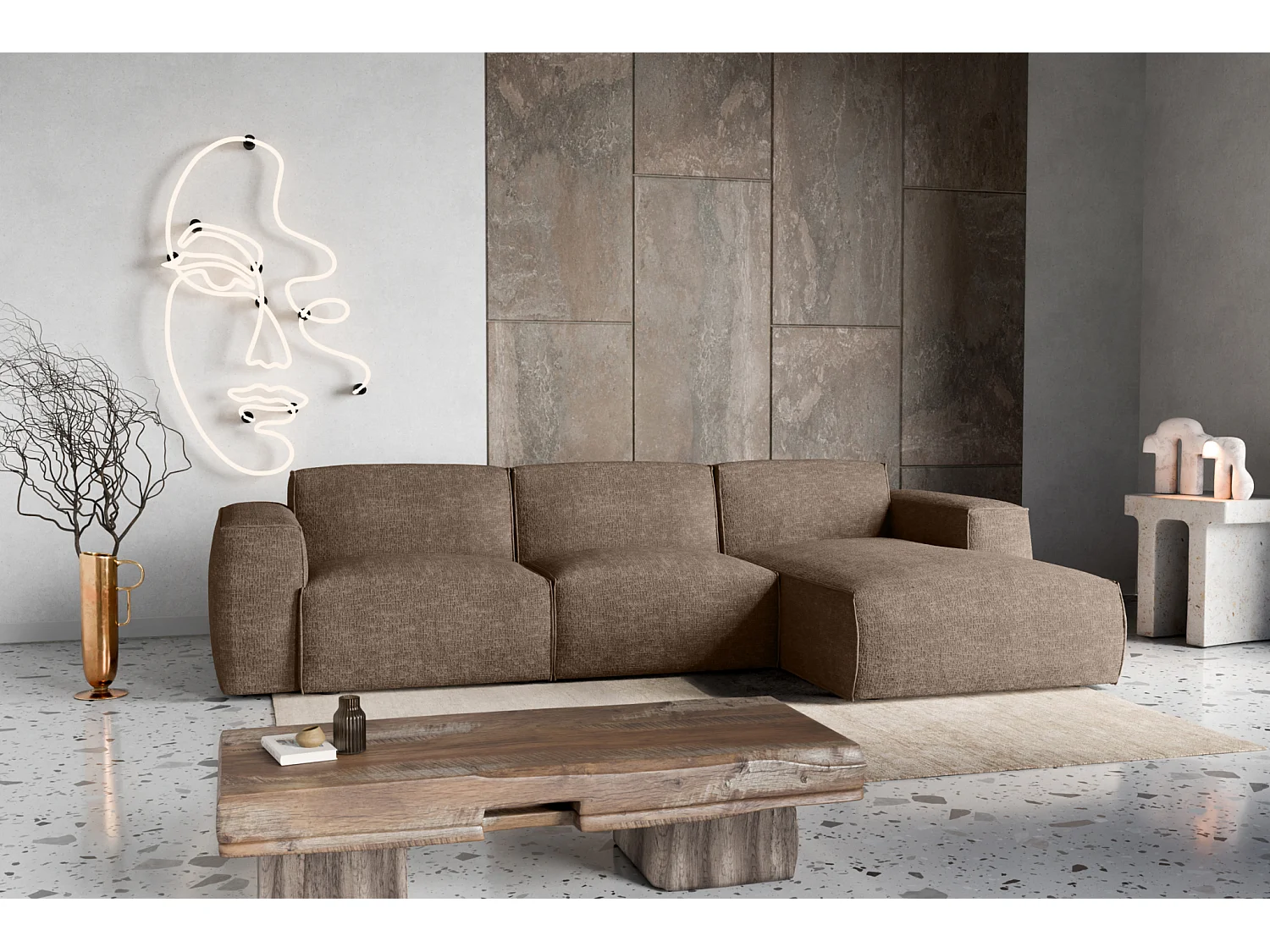 Rechter hoekslaapbank Hudson met slaapfunctie en opbergbox in bruin – van de fabrikant VINOTTI