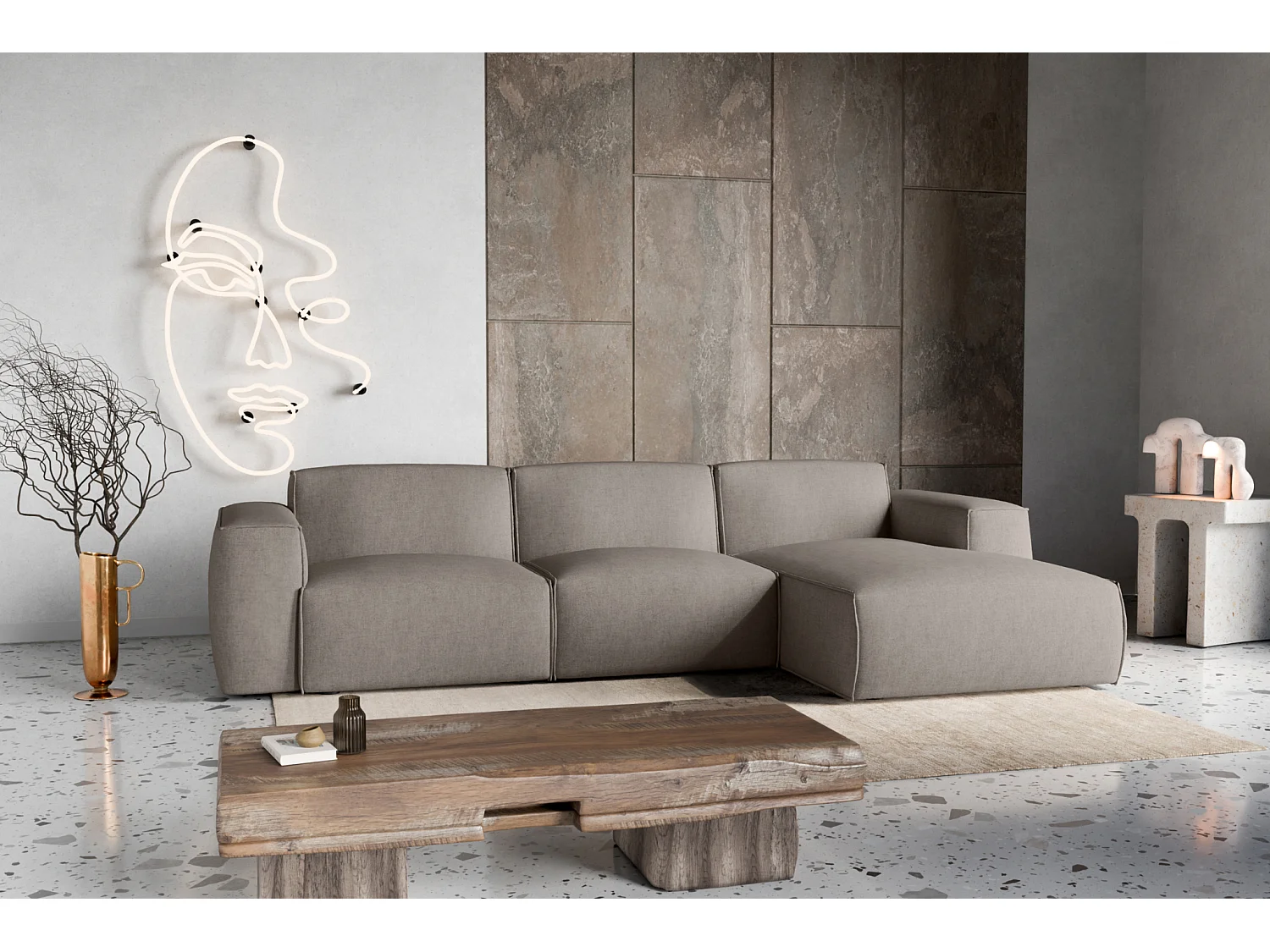 Canapé d'Angle droit avec fonction de couchage Hudson coffre en beige du fabricant -VINOTTI