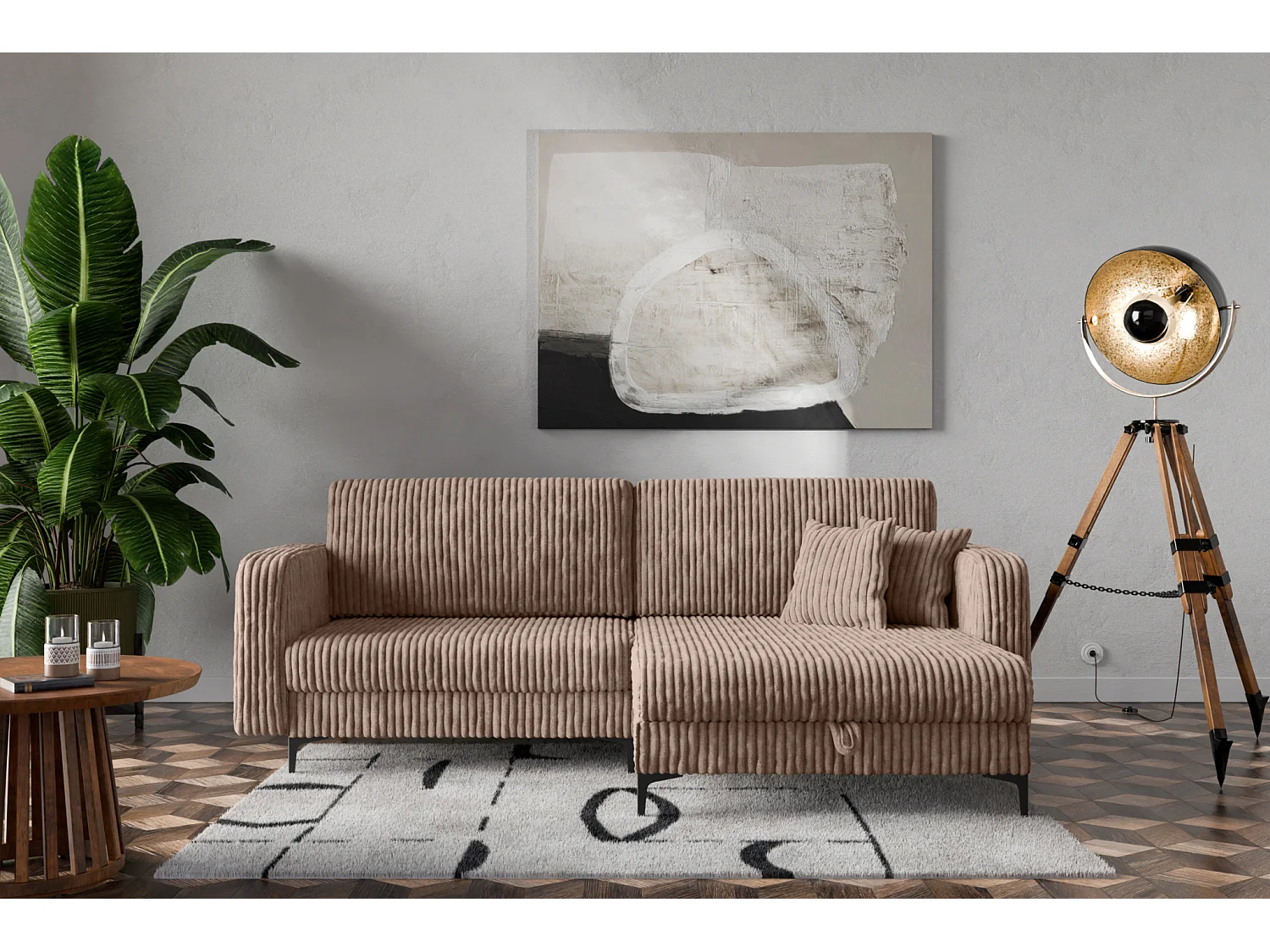 Canapé d'Angle réversible convertible avec fonction de couchage Como coffre en velours côtelé brun du fabricant -VINOTTI