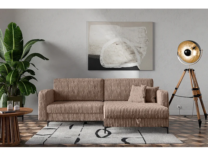 Canapé d'Angle réversible convertible avec fonction de couchage Como coffre en velours côtelé brun Direct fabricant, livraison et installation offertes