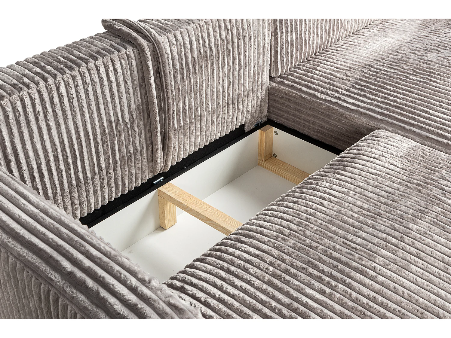 Omkeerbare hoekslaapbank COMO met slaapfunctie en opbergbox in lichtgrijs ribfluweel – Direct van de fabrikant, gratis levering en montage!