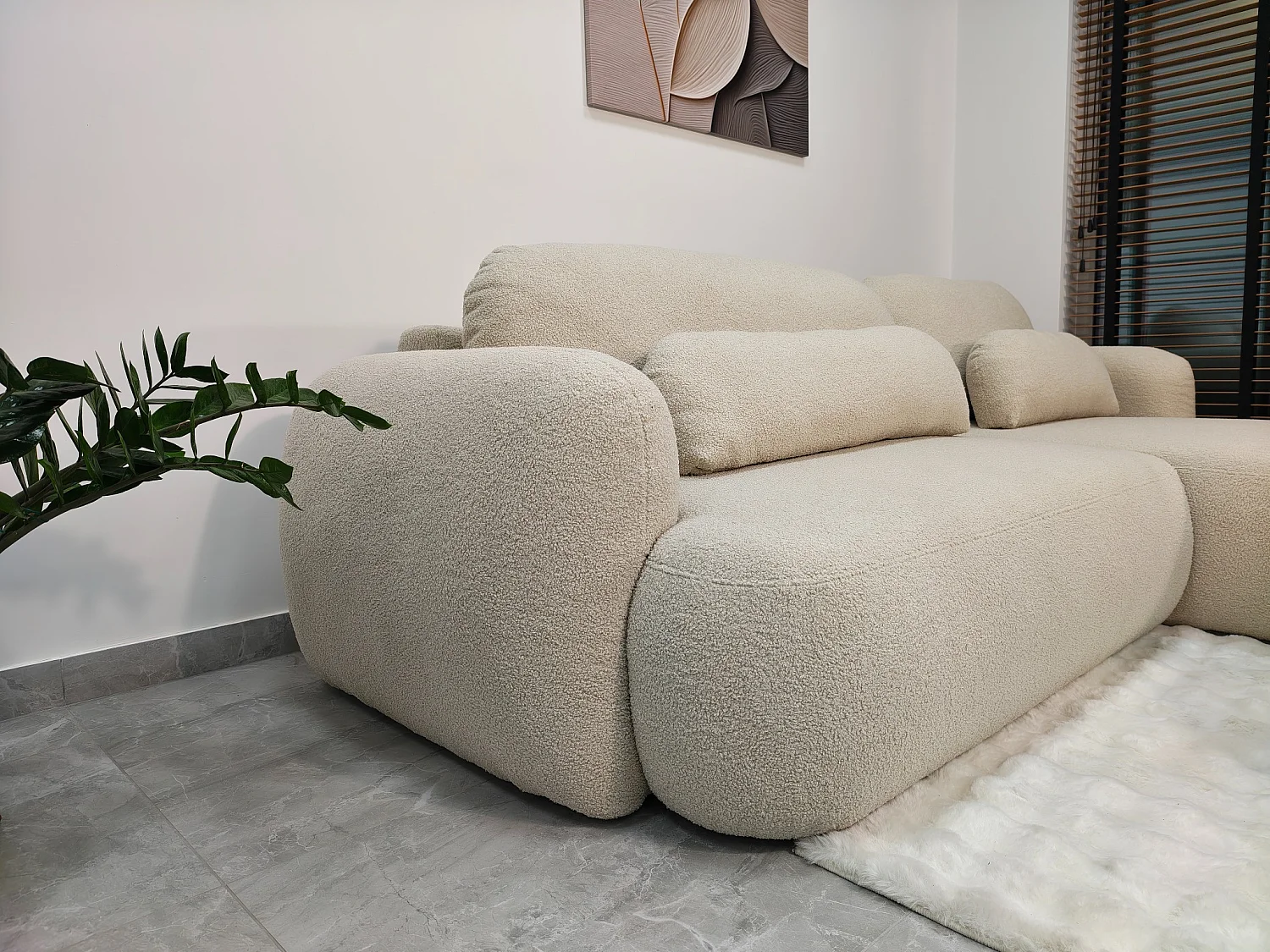 Canapé d'angle convertible 3 places avec coffre en velours beige