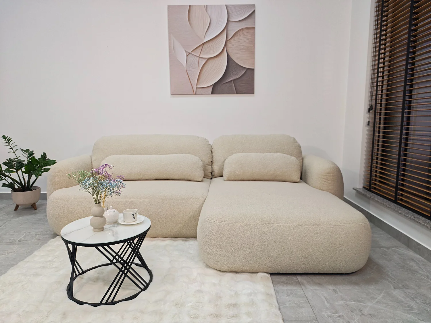 Canapé d'angle convertible 3 places avec coffre en velours beige
