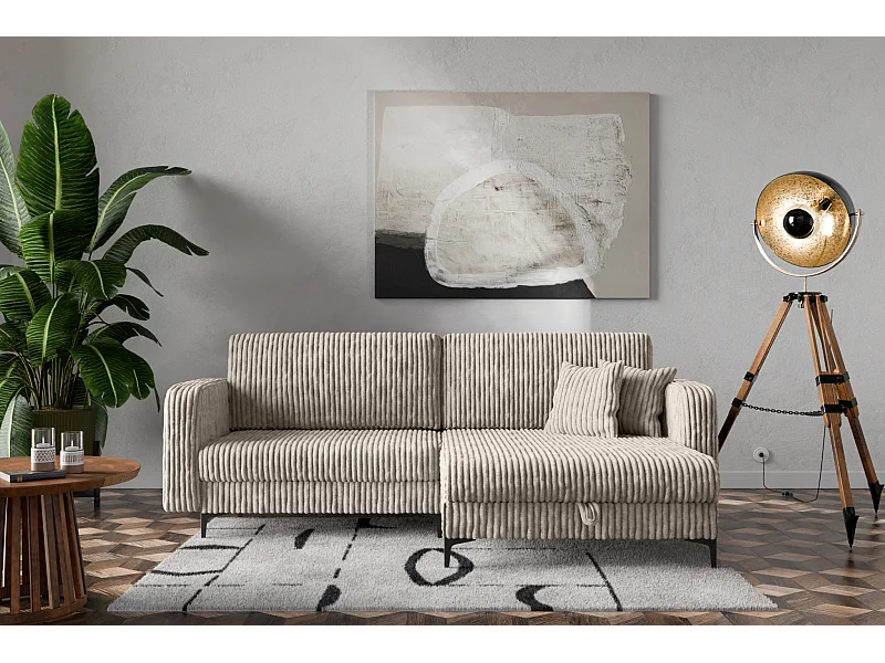Divano letto angolare reversibile con vano contenitore universale Como in velluto a coste beige Direttamente dal produttore, consegna e installazione gratuite!