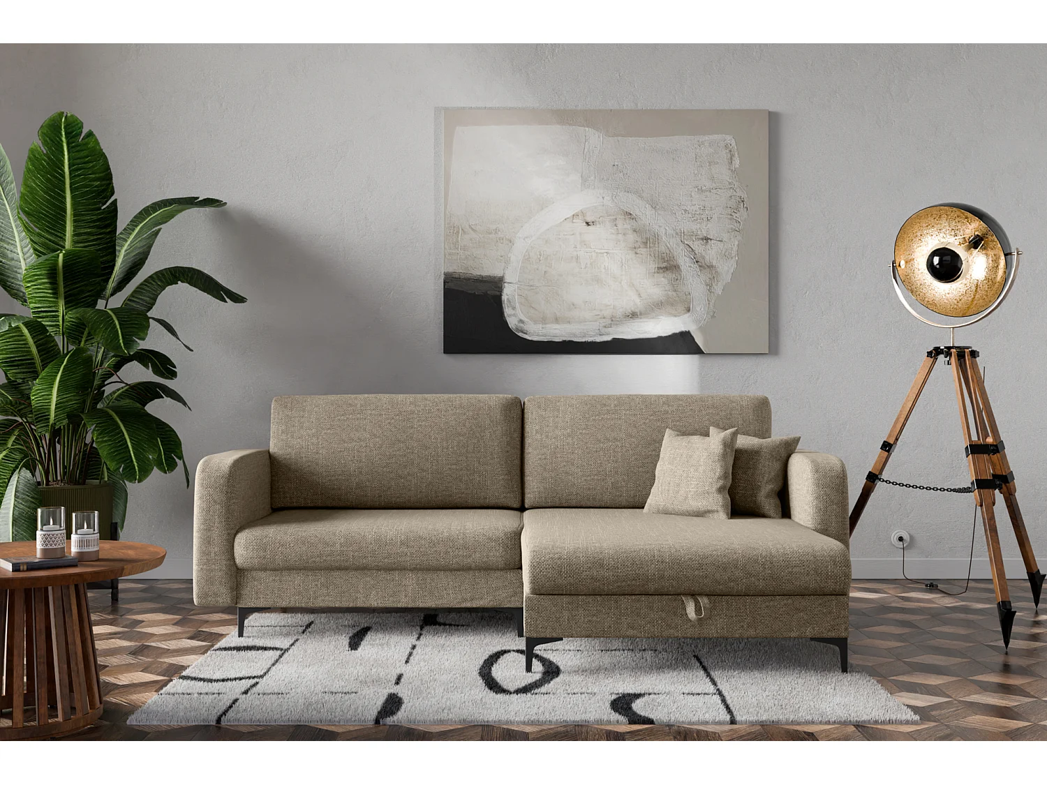 Omkeerbare hoekslaapbank COMO met slaapfunctie en opbergbox in bruin – Rechtstreeks van de fabrikant, levering en plaatsing gratis!