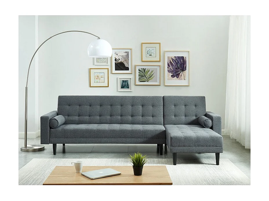 Canapé d'angle LUXURY convertible 4 places en tissu anthracite et pieds en bois avec angle réversible