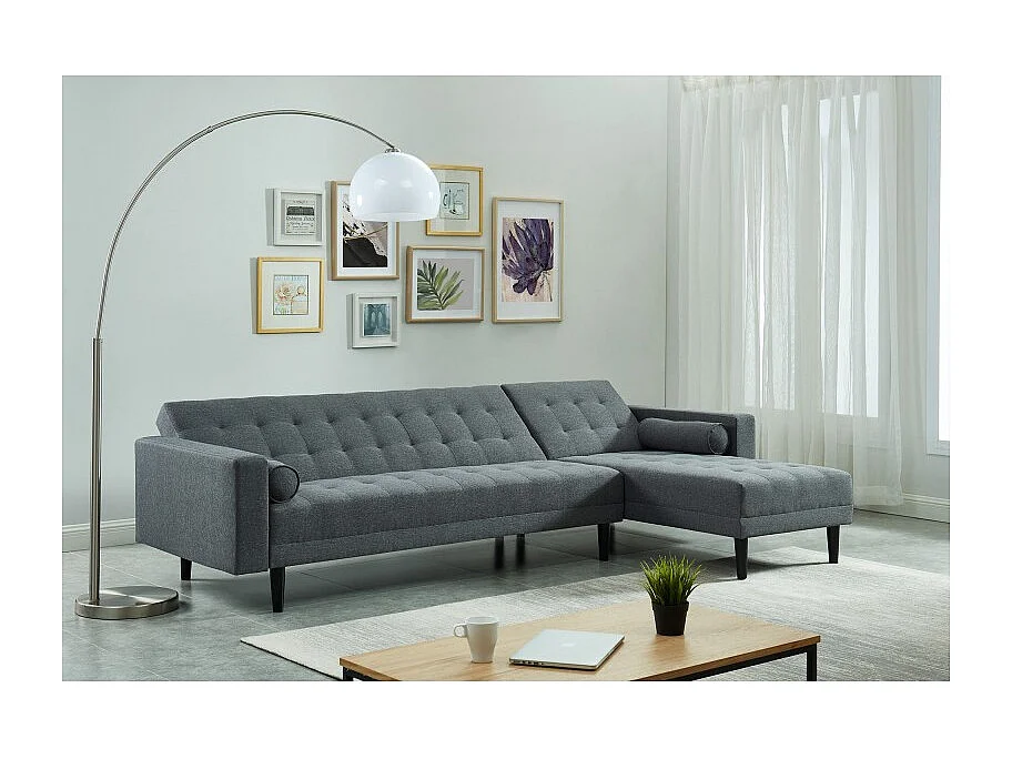 Canapé d'angle LUXURY convertible 4 places en tissu anthracite et pieds en bois avec angle réversible